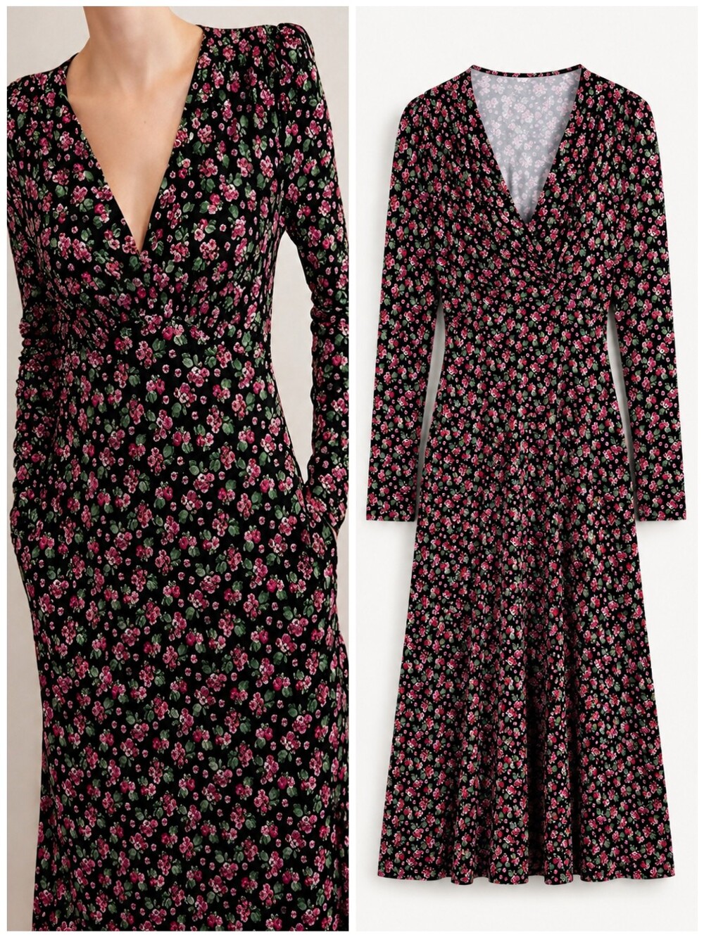 Boden Jersey Midi Black Red Floral Long Sleeve Dress, 2